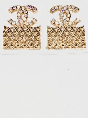 Gold Quilted Crystal Logo Drop Earrings - Iridescent crystals